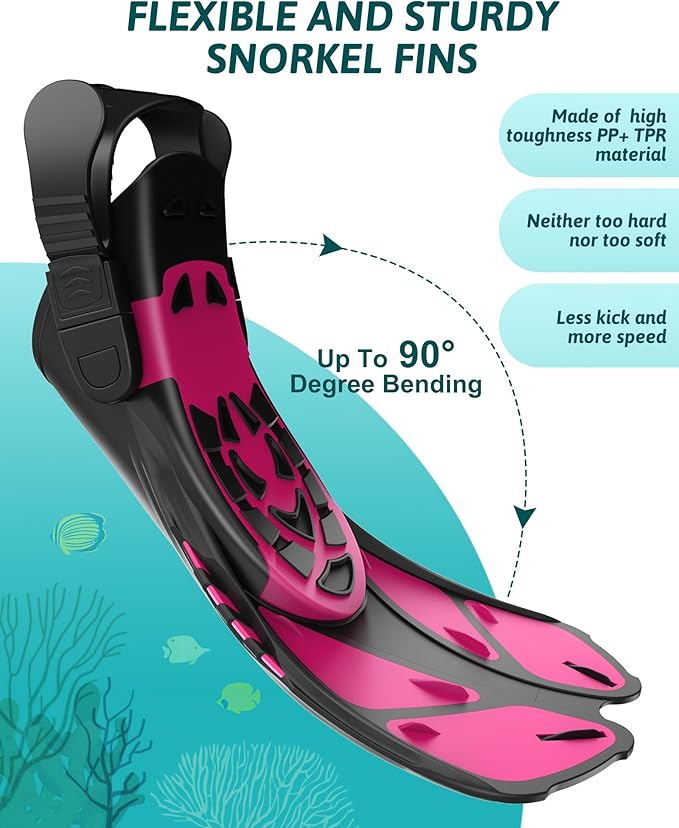 Mask Fins Snorkeling Gear for Adults, Full Face Snorkel Mask & Adjustable Swim Fins Snorkel Set, Panoramic View Snorkel Mask Dry Top Anti-Fog Anti-Leak