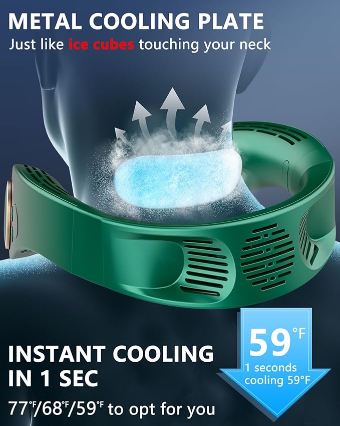 Portable Neck Fan Rechargeable,Neck Air Conditioning Wearable Cooling Device,Wear AC Air Conditioner Flexible Adjustable Angle,5 Speeds No Blade Headphone Design Breezy Hands Free Head Cooler Green