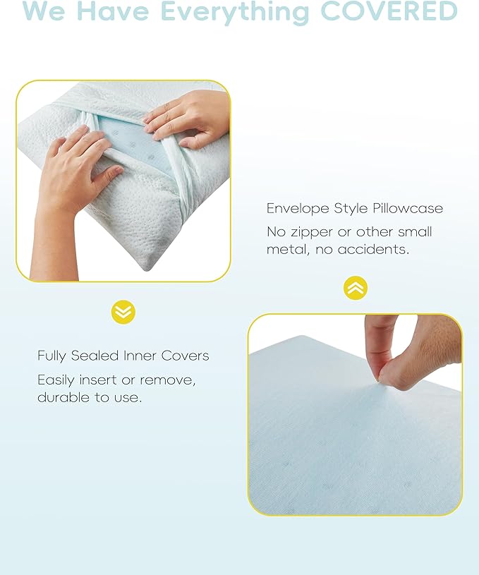 Toddler Pillow, Adjustable Memory Foam Small/Mini Pillow for Toddler 2 Years & Above, for Kids Sleeping, Napping or Traveling, Washable No Zipper Pillowcase, 13” x 18”, Blue