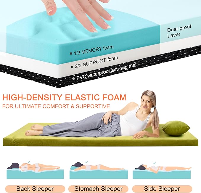 Memory Foam Camping Mattress Sleeping Pad, 3" Thick Waterproof Portable Roll Up Sleeping Mats & Floor Mattress Pad with Pillow + Travel Bag for Camping Car Truck SUV Tent Sleepover Kids Adult