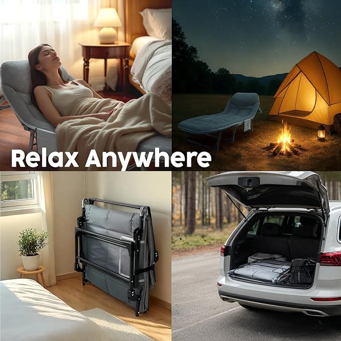 Chaise Lounge Chair, Folding Cot, 6-Angle Adjustable Camping Cot with Mattress for Patio and Beach, Foldable Bed Portable Heavy Duty Lay Flat Reclining with Pillow (Gray, M - 70'')