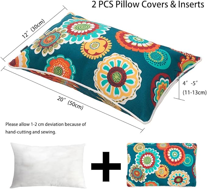 Magpie Fabrics Pack of 2 Outdoor Waterproof Lumbar Rectangular Throw Pillow with Insert 12x20 Inch, Home Decorative Toss Cushion for Patio Garden Car Office (Heronsbill Turquoise Green)