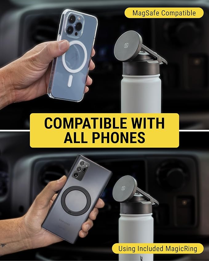 Scosche MFMS32 MagicMount Flask 32 oz Stainless Steel Water Bottle with MagSafe Phone Mount Stand, 12H Hot & 24H Cold, Insulated Flask with Magnetic Phone Holder for Gym, Travel, Sports, 32oz Black