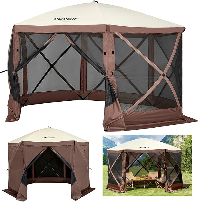 VEVOR Pop Up Gazebo Screen Tent, Pop-Up Instant Gazebo Tents with Mosquito Netting Outdoor Canopy, 6 Sided Sun Shelter 10x10ft with 6 Removable Wind Cloths & 2 Mesh Windows, Pavilion Tent for Patio