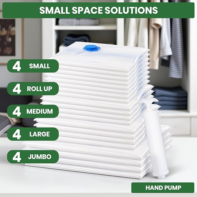 Vacuum Storage Bags,20Pack Vacuum Seal Bags for Clothing,Travel,Clothes,Comforters,Blankets,Pillows-4 Jumbo+4 Large+4 Medium+4 Small+4 Roll Up Space Saving Bag Hand Pump Inclued