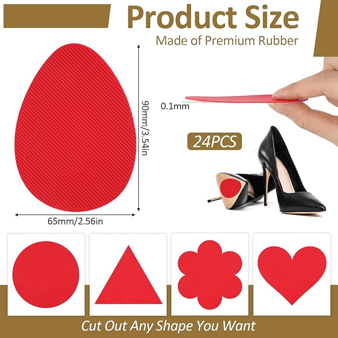 PEASUG 24Pcs Anti Slip Shoe Grips on Bottom of Shoes, Premium Self Adhesive Non Slip Shoe Pads Soles Protector, Rubber Non-Skid Shoes Gummies for Heels, Red