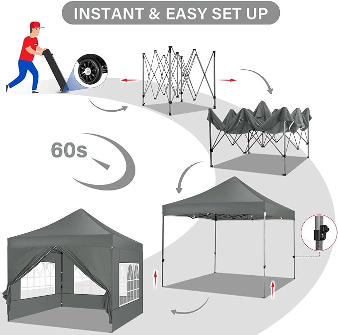 COBIZI 10x10 Pop up Canopy Tent with 4 Sidewalls, Waterproof Heavy Duty Commercial Canopy for Parties, Outdoor Tent, Garden Gazebo, Carry Bag with Wheel (10x10ft, Gray)