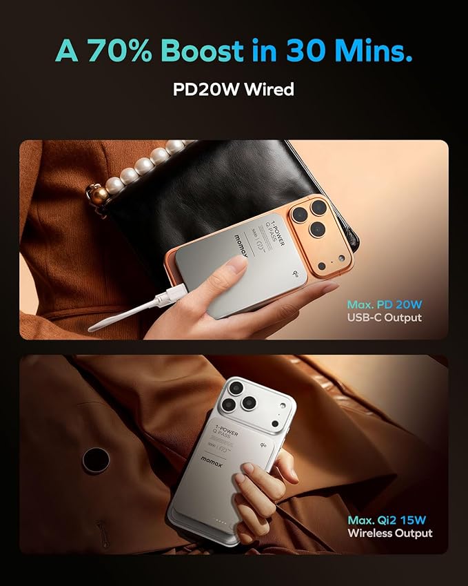 MOMAX Q.Pass Magnetic Power Bank, Qi2 Certified 15W Slim Power Bank Fast Charging, 5000mAh for Magsafe Portable Charger for iPhone Air Battery Pack/17/Pro/Max/16/15/14/13/12 (No Lighting)