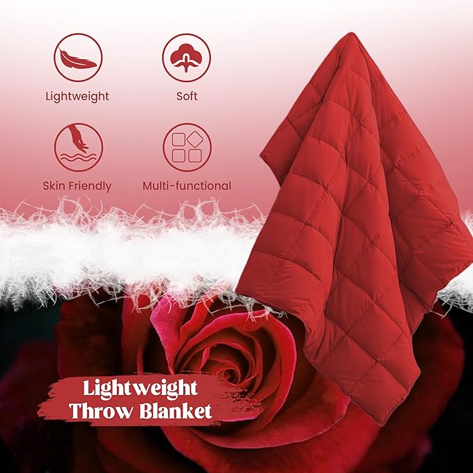 puredown® Lightweight Packable Couch Throw Soft Feather Down Throw Blanket for Indoor and Outdoor Use, 50"X70", Fiery Red