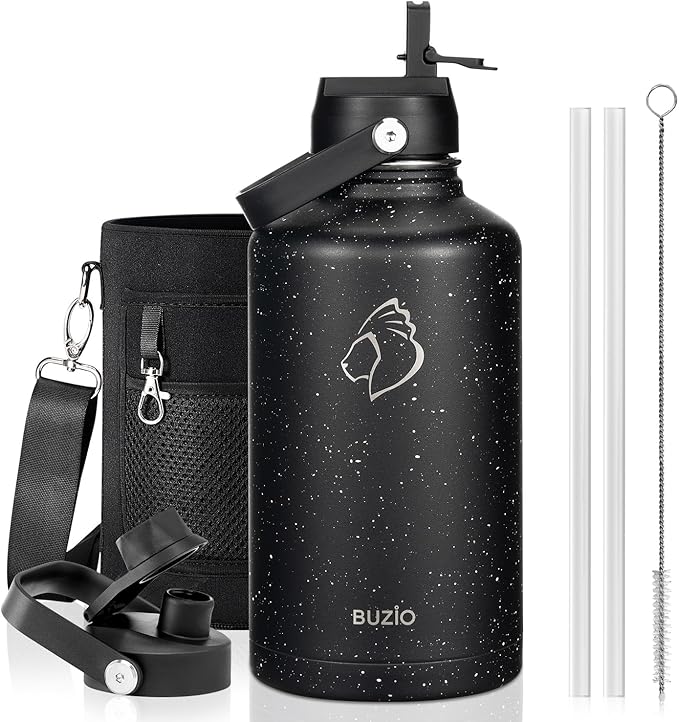 BUZIO Insulated Water Bottles 64oz with Straw Lid, Half Gallon Double Wall Stainless Steel Wide Mouth Water Bottle with Two Lids, Powder Coat Metal Water Jug Thermo Mug Metal Canteen, Keep Hot Cold