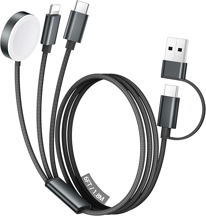 Temdan for Travel Vacation Essentials,3 in 2 USB C Cable for Apple Watch Charger/iPhone 17 Charger/Lightning,Multi Charging Cable Cord,Camping Essentials,Designed for iWatch &iPhone 16-12-6FT Black