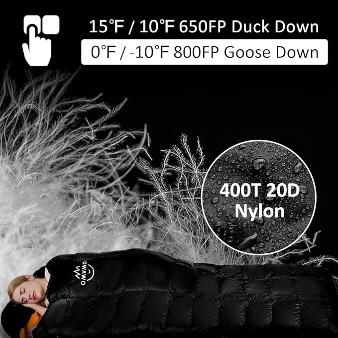 -10°F 0°F 10°F 15°F Down Sleeping Bag for Adults,800/650 Fill Power,Ultralight Wearable 4 Season Cold Weather Rectangle Sleeping Bag for Camping Hiking,Can be Used as a Down Blanket or Cloak