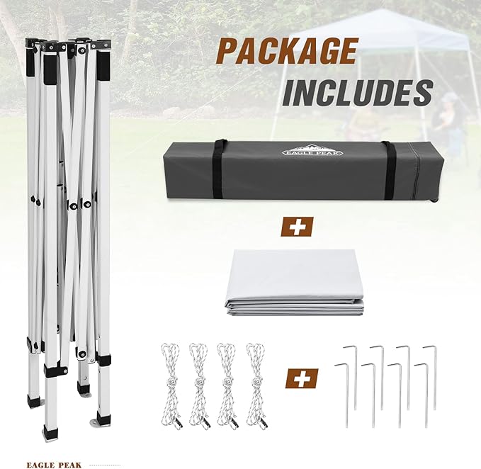 EAGLE PEAK 8x8 Slant Leg Pop-up Canopy Tent Easy One Person Setup Instant Outdoor Beach Canopy Folding Portable Sports Shelter 8x8 Base 6x6 Top (White)