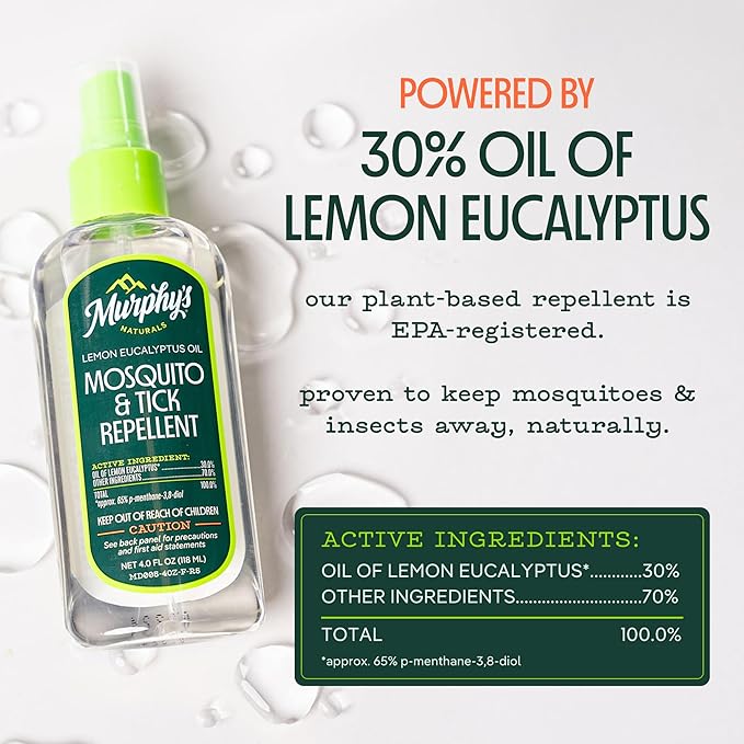 Murphy's Naturals Mosquito & Tick Bug Repellent Spray, Oil of Lemon Eucalyptus for Skin + Outdoor Gear, DEET-Free, 4 Ounce Pump, 1-Pack