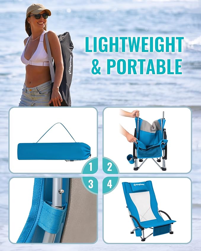 KingCamp Low Beach Chairs, Portable Folding Chair for Adults Extra Wide Ergonomic High Back Seat 300lbs Heavy Duty Lightweight Oversized Gear with Carry Bag for Outdoor Lawn Camping Picnic