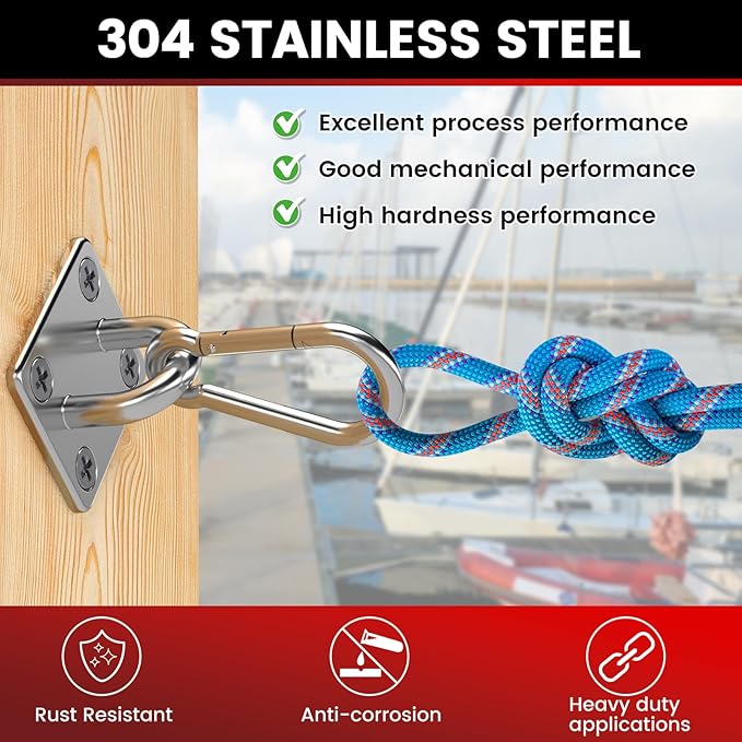 sprookber 304 Stainless Steel Pad Eye Snap Hooks, M5 Heavy Duty Ceiling Hooks, 500 lb Capacity Hammock Swing Hanging kit, Plant Hangers, Marine Hardware Staple Hook Loop with Screws, Set of 8