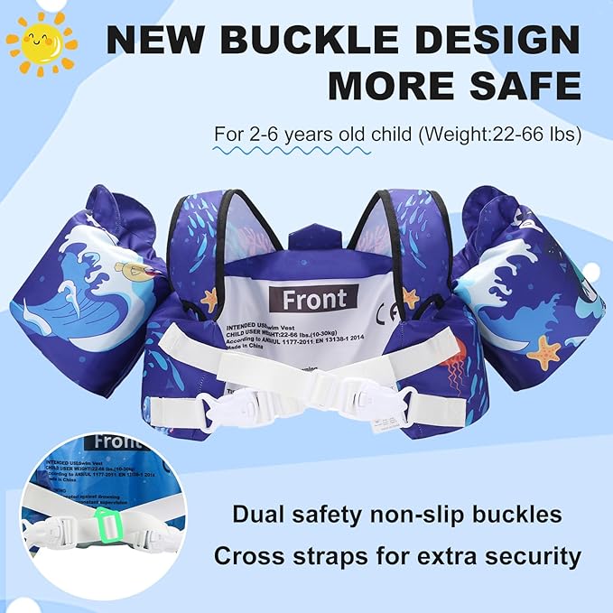 Toddler Floaties Kids Swim Vest for 22-66 Pounds Boys-Girls Water Wings Kids Pool Floaties for 2-6 Years Old Child Swim Learning Trainning