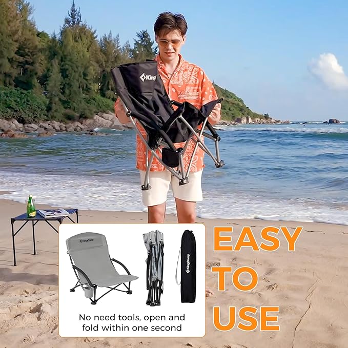 KingCamp Low Beach Chairs, Portable Folding Chair for Adults Extra Wide Ergonomic High Back Seat 300lbs Heavy Duty Lightweight Oversized Gear with Carry Bag for Outdoor Lawn Camping Picnic