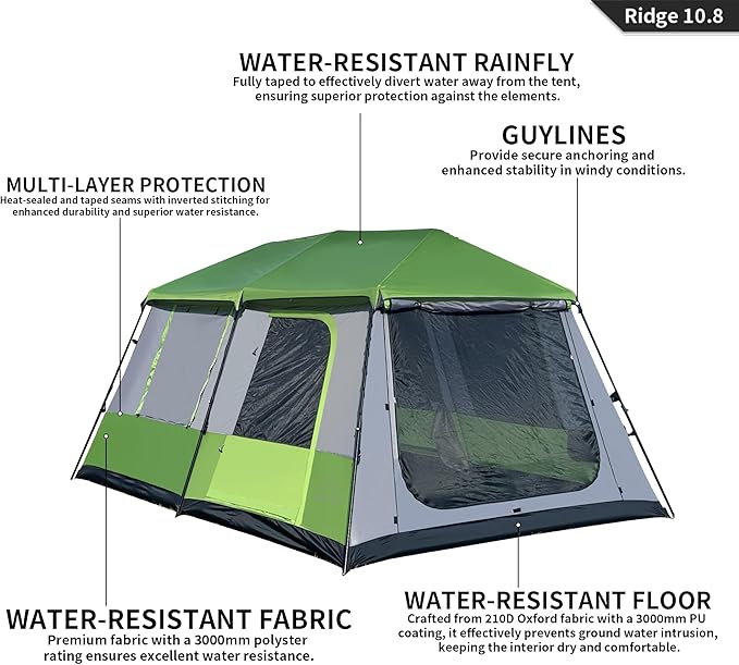 Tenplay 2-8Person Instant Pop-Up Family Tent,Family Large 2 Room Camping Tent, Easy Setup in 60s,Includes Rainfly,Room Divider,Carry Bag, Large Cabin Multi Room Tents for Camping Hiking Sleepover