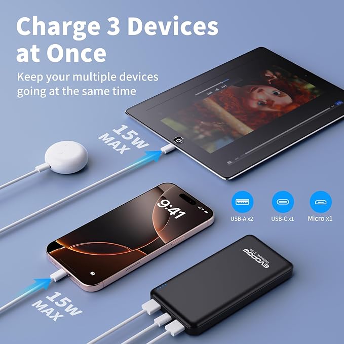 2-Pack Portable Charger, Slimmer 10000mAh 15W Power Bank, USB C in&Out Fast Charging Battery Pack, External Portable Power Bank for iPhone 16 15 14 13 12 iPad Airpods Samsung S23 S22 Pixel etc
