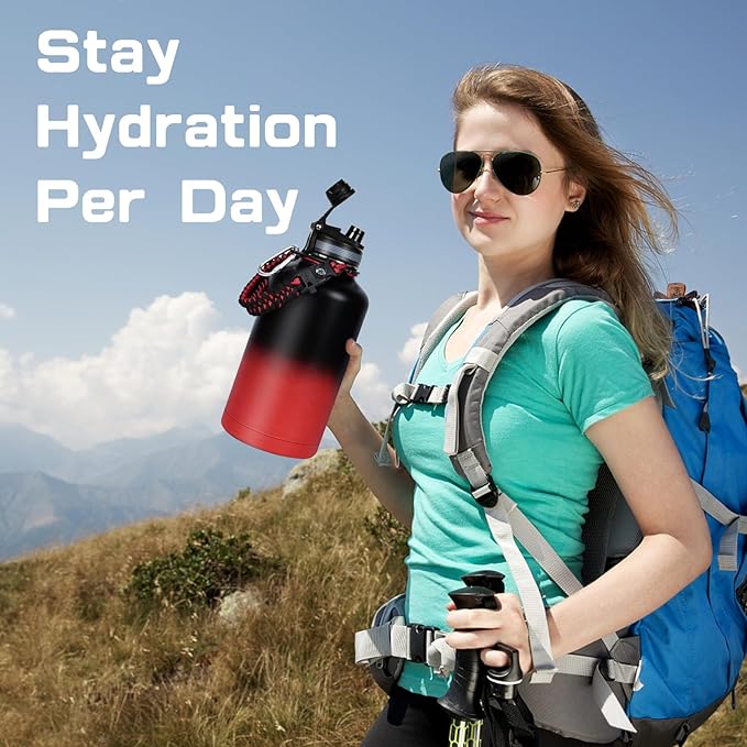 Insulated Water Bottle 64 oz, Half Gallon Water Jug Cold 48H, BPA Free Stainless Steel Bottles with Straw/Chug 2-in-1 Lid, Bag, Paracord Handle, Silicone Boot, Sports Gym School Metal Flask