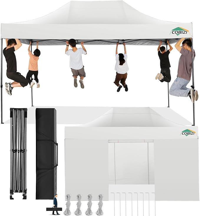COBIZI 10x15 Pop Up Canopy with 4 Sidewall,Heavy Duty Canopy UPF 50+ All Season Wind Waterproof Commercial Outdoor Wedding Party Tents for Parties Gazebo with Carry Bag(10 x 15 ft White)