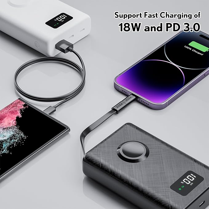 pzoz 20000mAh Portable Power Bank Powerbank Battery Pack with Apple Watch Magnetic Wireless Charger,USB Type C PD Fast Charging Cable Travel High Capacity Compatible iWatch iPhone 17 16 15 (White)