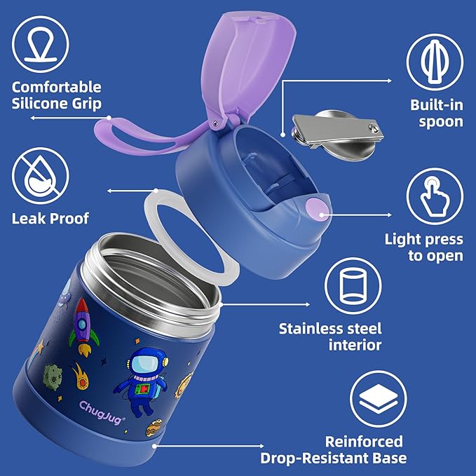 10 oz Soup Thermo for Hot Food Kids Insulated Food Jar with Spoon, Lunch Thermo Container, Width Mouth Vacuum Stainless Steel Food Thermo for School Travel, Leakproof, Easy to Open(Blue)