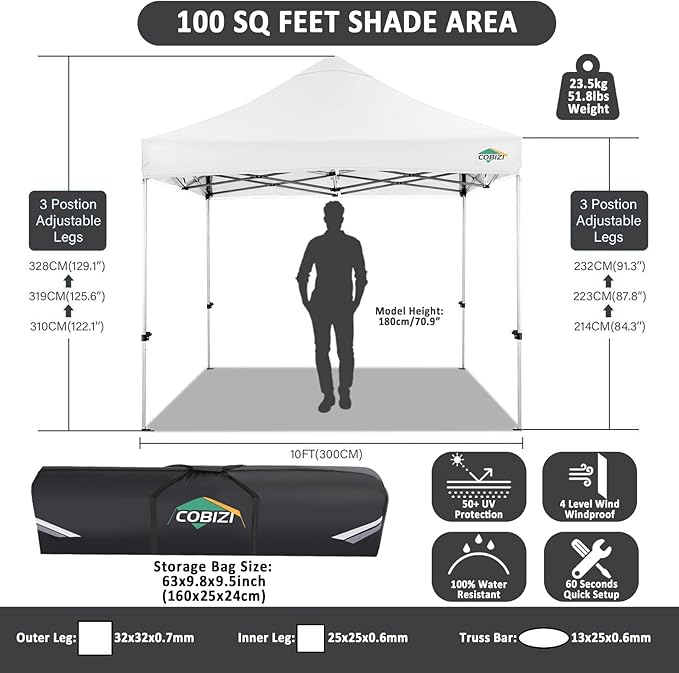 COBIZI 10x10 Pop Up Canopy Without Sidewall,Heavy Duty Canopy UPF 50+ All Season Wind Waterproof Commercial Outdoor Wedding Party Tents for Parties Canopy Gazebo with Carry Bag(10 x 10 ft White)