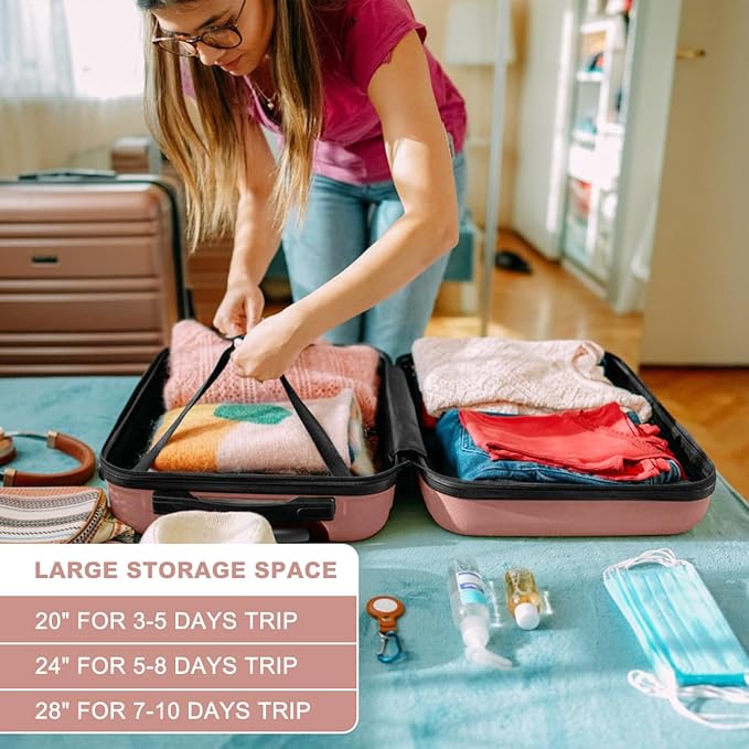 Kono 24 Inch Luggage Suitcase Lightweight with Spinner Wheels TSA Lock Hardside Medium Checked Luggage Durable Rolling Suitcase Nude/Rose Pink