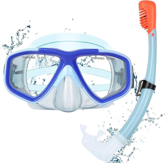 Youth Snorkel Set for Ages 7-16, Snorkeling Gear for Kids with Panoramic View Mask Anti-Fog Anti-Leak Full Dry Top Snorkel Fins Travel Bag for Swimming Diving
