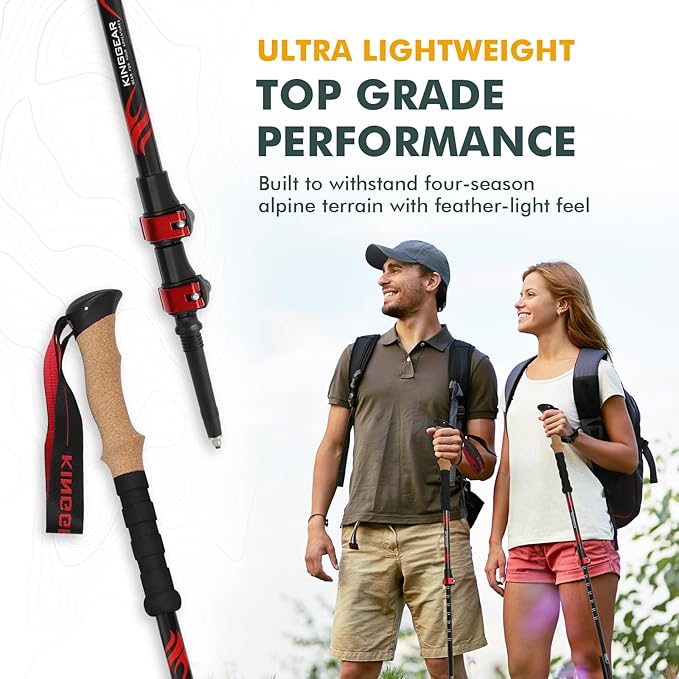 KINGGEAR TPC 100% Carbon Fiber Hiking Poles, Telescopic Retractable Nordic Trekking Poles, Ultra Lightweight Nordic Walking Stick, Metal Flip Locks, Cork and Extended EVA Handle