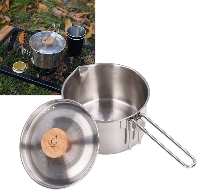 TOPINCN 1000ml Camping Pot, Stainless Steel Portable Outdoor Tea Coffee Pot Portable Cooking Pot with Detachable Handle for Outdoor Picnic Hiking