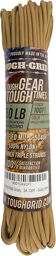 TOUGH-GRID 550 Paracord Rope Nylon Parachute Cord, Made in USA Survival Kit, Outdoor Adventures, Camping, Tactical Gear & Emergency Supplies, Military Type III Mil-Spec