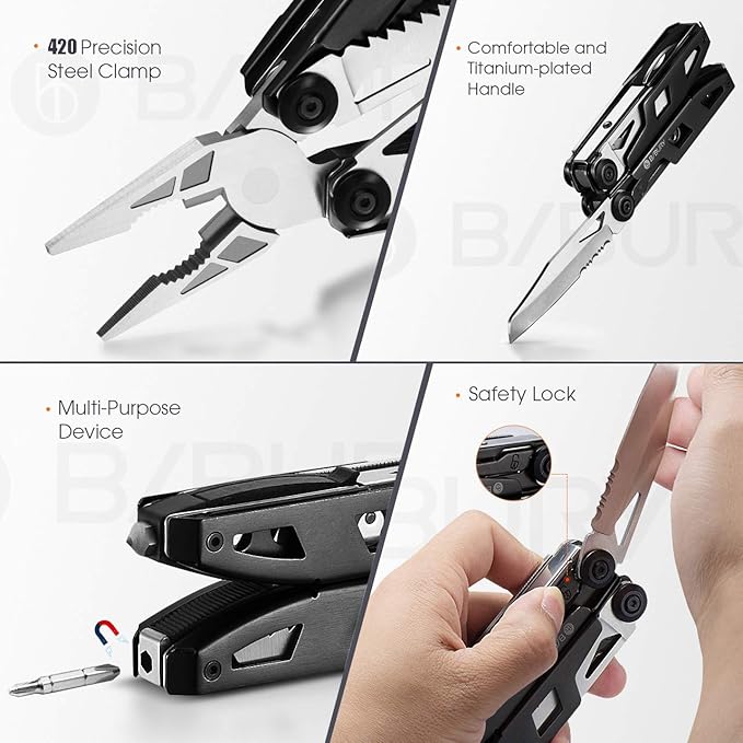 BIBURY Multitool Pliers, 18-in-1 Multi Tool with Safety Hammer, Safety Locking Design Stainless Steel Multifunction Pocket Knife for Outdoor, Survival, Camping, Hiking, Home Repair - Black