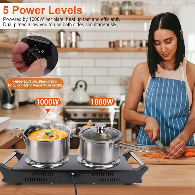 Hot Plate, 2000W Portable Electric Stove for Cooking with Stay Cool Handles & 5 Levels Adjustable Temperature, Countertop Double Coil Burner for Home RV Camp Compatible for All Cookwares,Black