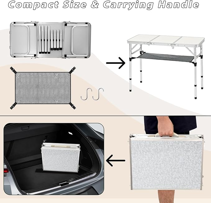 3ft Aluminum Folding Picnic Table - Lightweight & Portable Outdoor Table with Adjustable Height, Storage Net for Camping, Backyard, RV Trips
