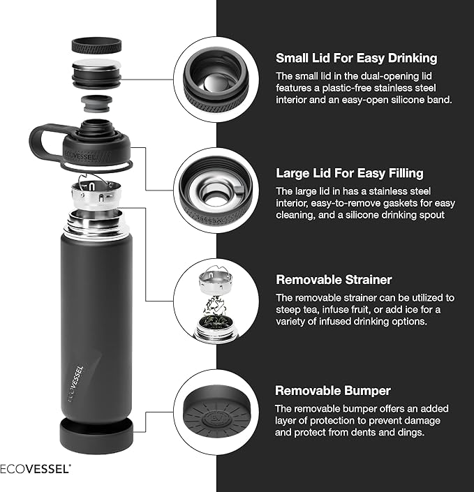 EcoVessel Stainless Steel Water Bottle with Insulated Dual Lid, Insulated Water Bottle with Strainer and Silicone Bottle Bumper, Coffee Mug – 20oz (Lavender Fields)