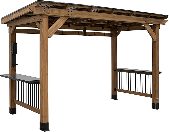 Backyard Discovery Saxony XL 12' x 6' Cedar Wood BBQ Grill Gazebo Pavilion with Hardtop Galvanized Steel Roof, Bar Tops, Powerport, Snow Support, Wind Resistance, Cook Station for Outdoor Patio, Deck