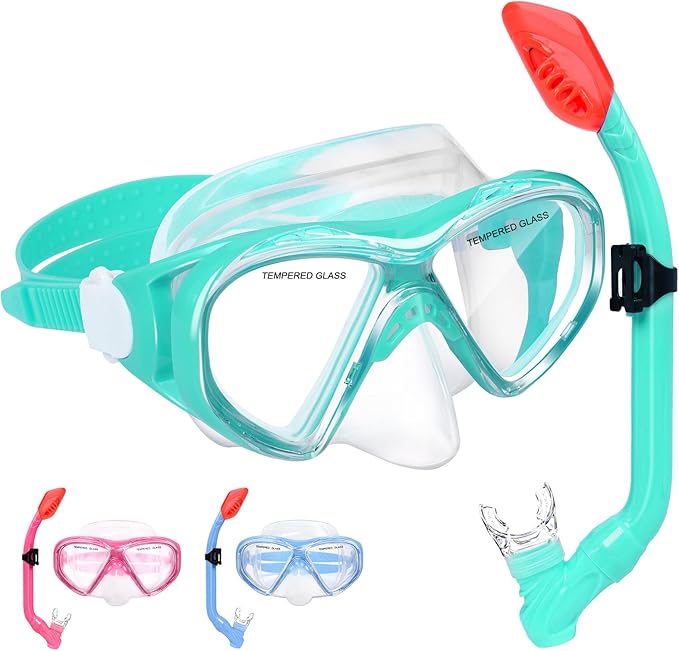 Kids Snorkel Set Dry Top Snorkeling Gear for Kids Youth Boys Girls Junior Age 5-15,Tempered Glass Swimming Diving Mask and Snorkel Set 180 Degree Panoramic View