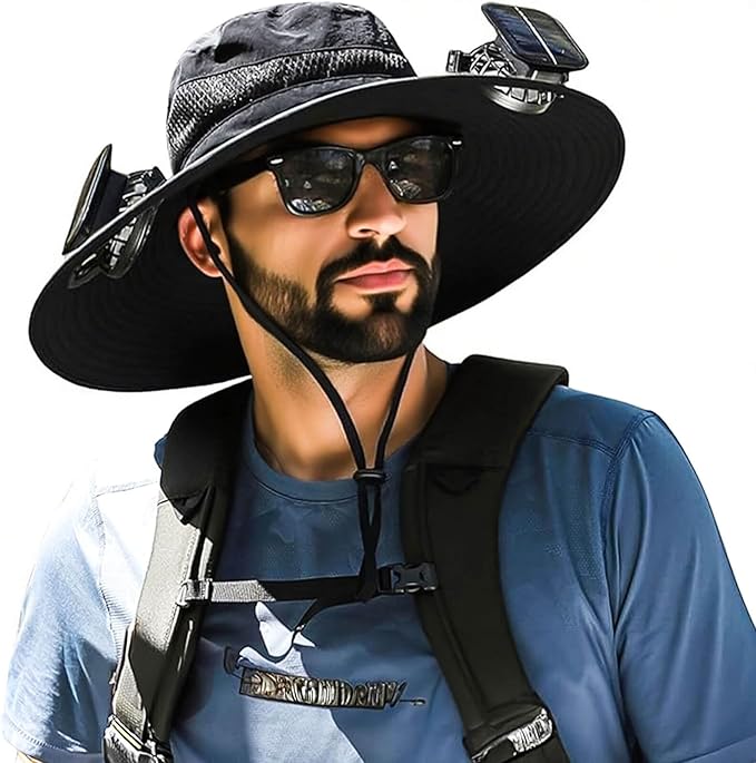 Outdoor Wide Brim Sun Hat with 2 Solar Fan for Men Women UPF50+ Outdoor Hiking Sun Protection Bucket Fishing&Cycling Hat