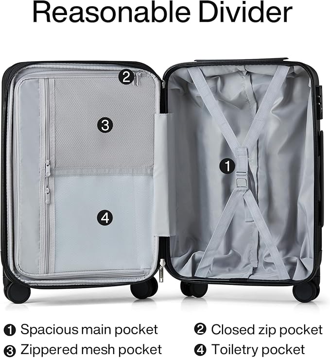 Hanke 24 Inch Expandable Checked Luggage Lightweight PC Hard Shell luggage Suitcases with Wheels Travel Luggage Rolling Large Suitcase Travel Luggage Bag for Go To University.(Jet Black)