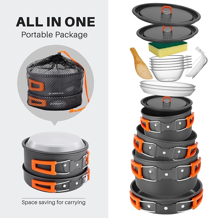 Odoland 15pcs Camping Cookware Non-Stick Lightweight Camping Pots and Pans Set with Plastic Plates Bowls Soup Spoon for Camping, Backpacking, Outdoor Cooking and Picnic