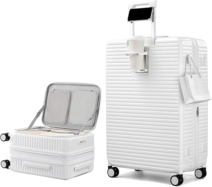 Hard Shell Expandable Luggage Sets 2 Piece with Spinner Wheels Cup Holder, Top Opening Lightweight Luggage Rolling Suitcase with Lock, Carry On And Checked Luggage Set 2 Piece (White, 20/28)