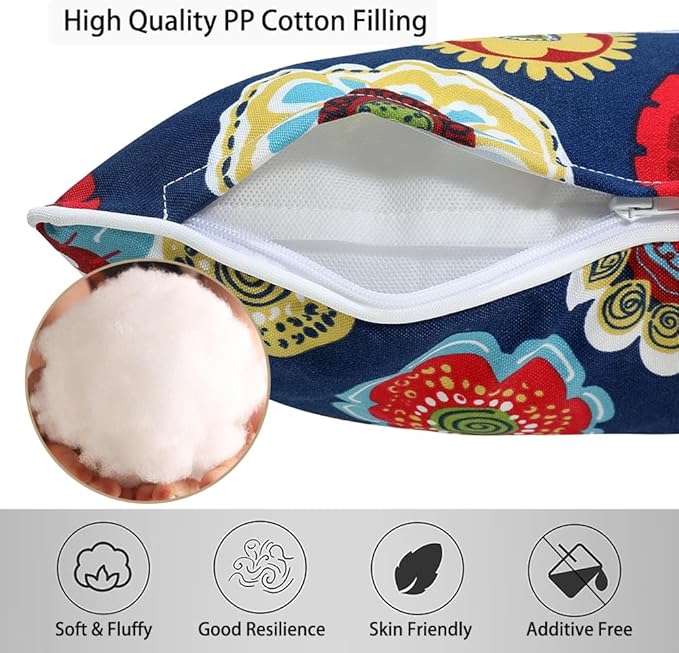 Magpie Fabrics Pack of 2 Outdoor Waterproof Lumbar Rectangular Throw Pillow with Insert 12x20 Inch, Home Decorative Toss Cushion for Patio Garden Car Office (Floral Navy)