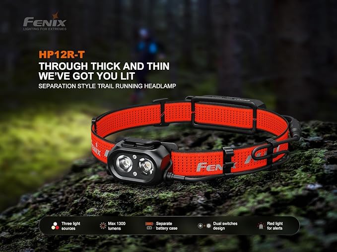 Fenix HP12R-T 1300 Lumen Rechargeable Running Headlamp – Split Battery Design, White/Neutral White/Red Light Modes with Lumentac Organizer (Black)