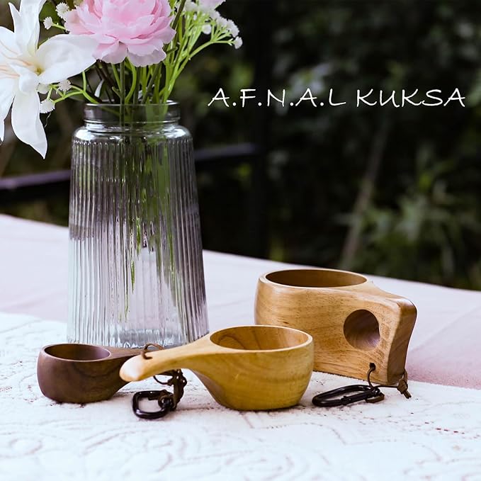 Kuksa Camping Mug Wooden Bushcraft Handcarved Cup, Nordic Style Coffee & Hiking Kuksa, 2 Pack Small & Mini Size, 3.3 oz. & 1 oz.