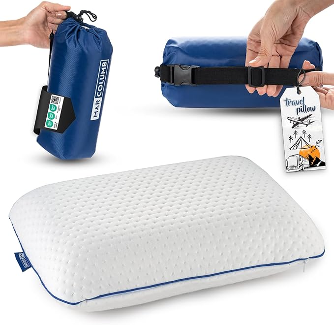 Travel & Camping Comfortable Memory Foam Pillow – Easy to Carry Portable Bag – Temperature Regulating Pillow Case - Perfect for Travelling (White)