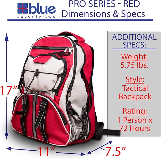 Blue Seventy-Two - Pro Series - Red Deluxe 72 Hour Emergency Backpack Survival Kit for 1 Person | Survival Kit for Emergencies (Includes Water Tablets)