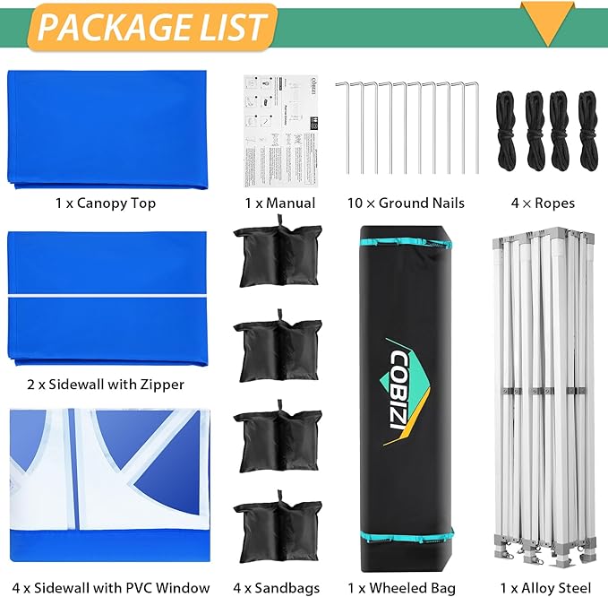 COBIZI 13x26 Pop up Canopy Tent 13x26 Canopy with 6 Sidewalls Waterproof Heavy Duty Commercial Canopy Tent for Parties Outdoor Tent Garden Gazebo Tent, Carry Bag with Wheel(13x26ft, Blue)